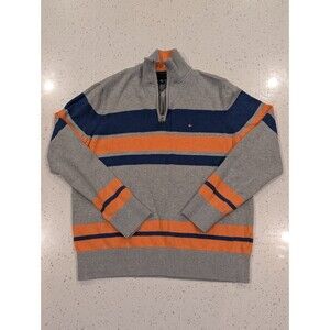 Tommy Hilfiger Sweater Mens Medium Grey Blue Striped Cotton Pullover Quarter Zip